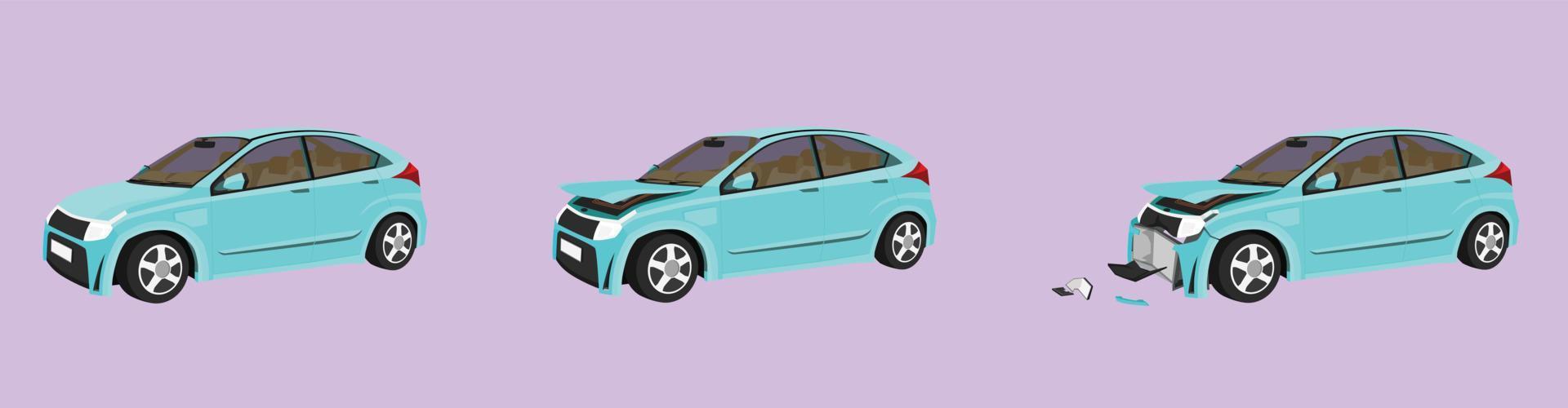 vetor ou ilustração dos desenhos animados. estado do carro azul do carro normal para o carro foi ligeiramente danificado. até que o carro foi severamente danificado danificar toda a frente. pode ver o interior com o interior.