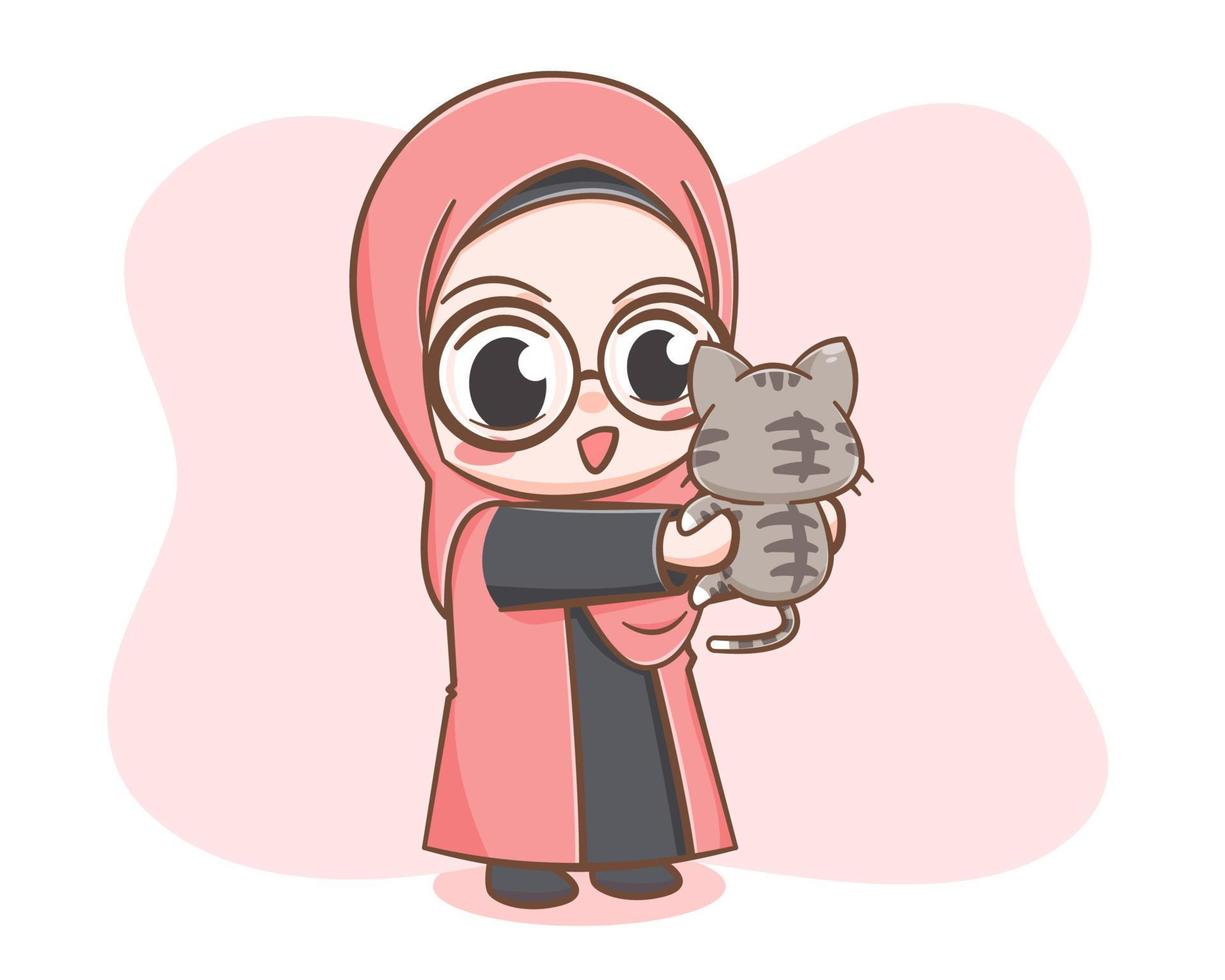 fofa uma garota muçulmana e uma ilustração de desenho de gato vetor