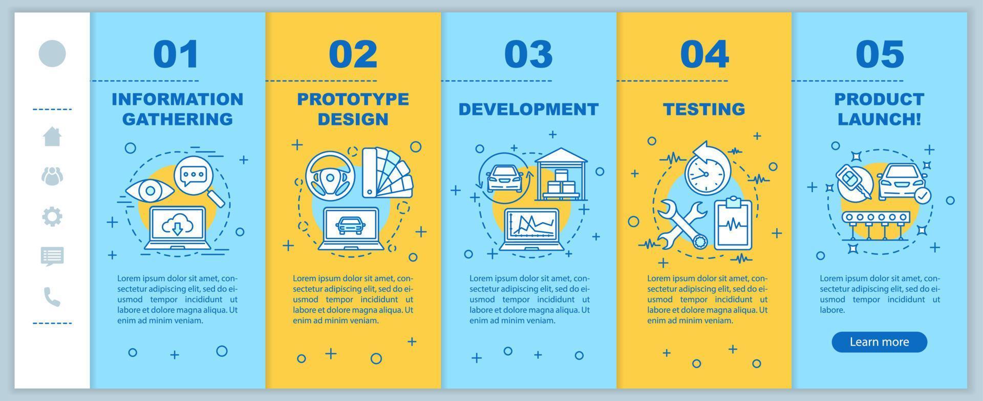 novo modelo de vetor de tela de página de aplicativo móvel de lançamento de produto. desenvolvimento de protótipos. site passo a passo do processo de fabricação com ilustrações lineares. ux, conceito de interface de smartphone gui