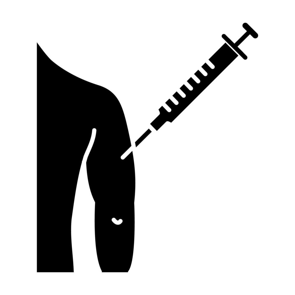 injeção no ícone de glifo do braço do homem. símbolo de silhueta. bcg, hepatite, imunização e vacina contra difteria. prevenção de doença. espaço negativo. ilustração vetorial isolada vetor