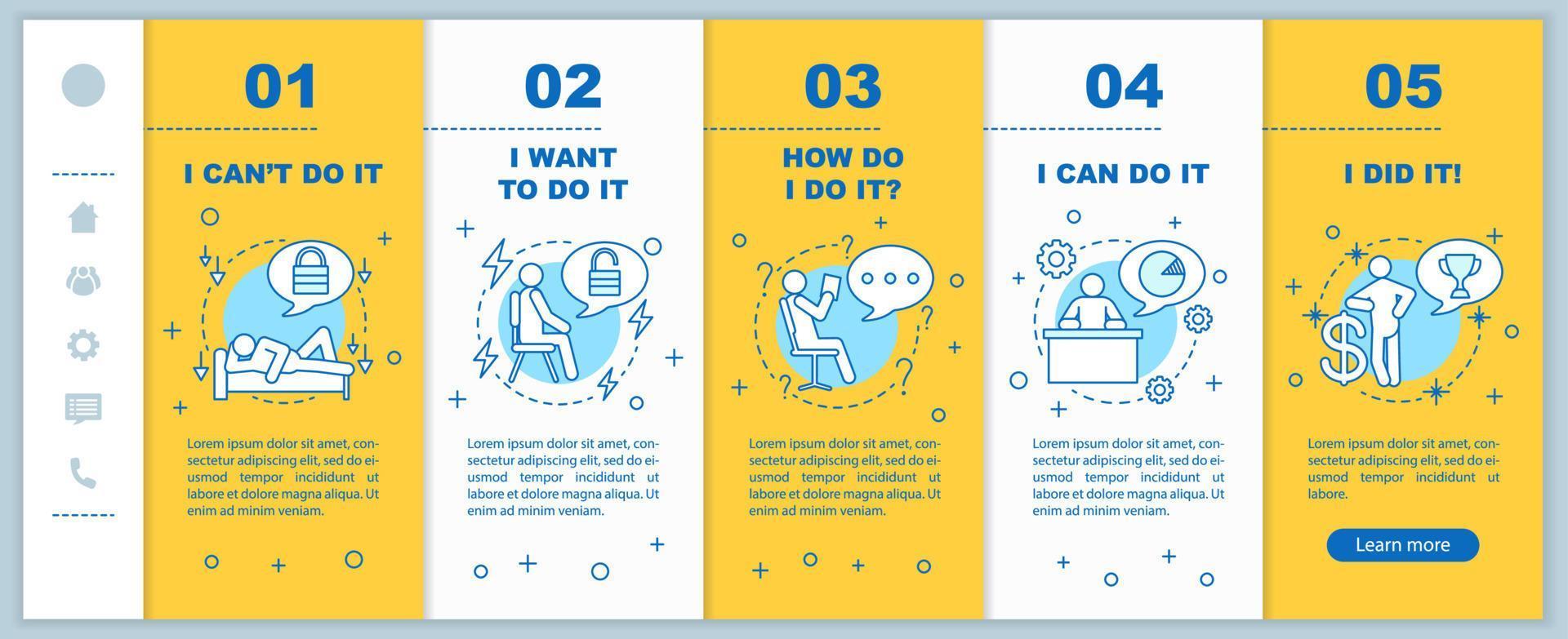 conceito de motivação onboarding modelo de vetor de tela de página de aplicativo móvel. eu posso fazer isso, eu fiz isso, eu quero fazer passo a passo com ilustrações lineares. ux, ui, gui conceito de interface de smartphone