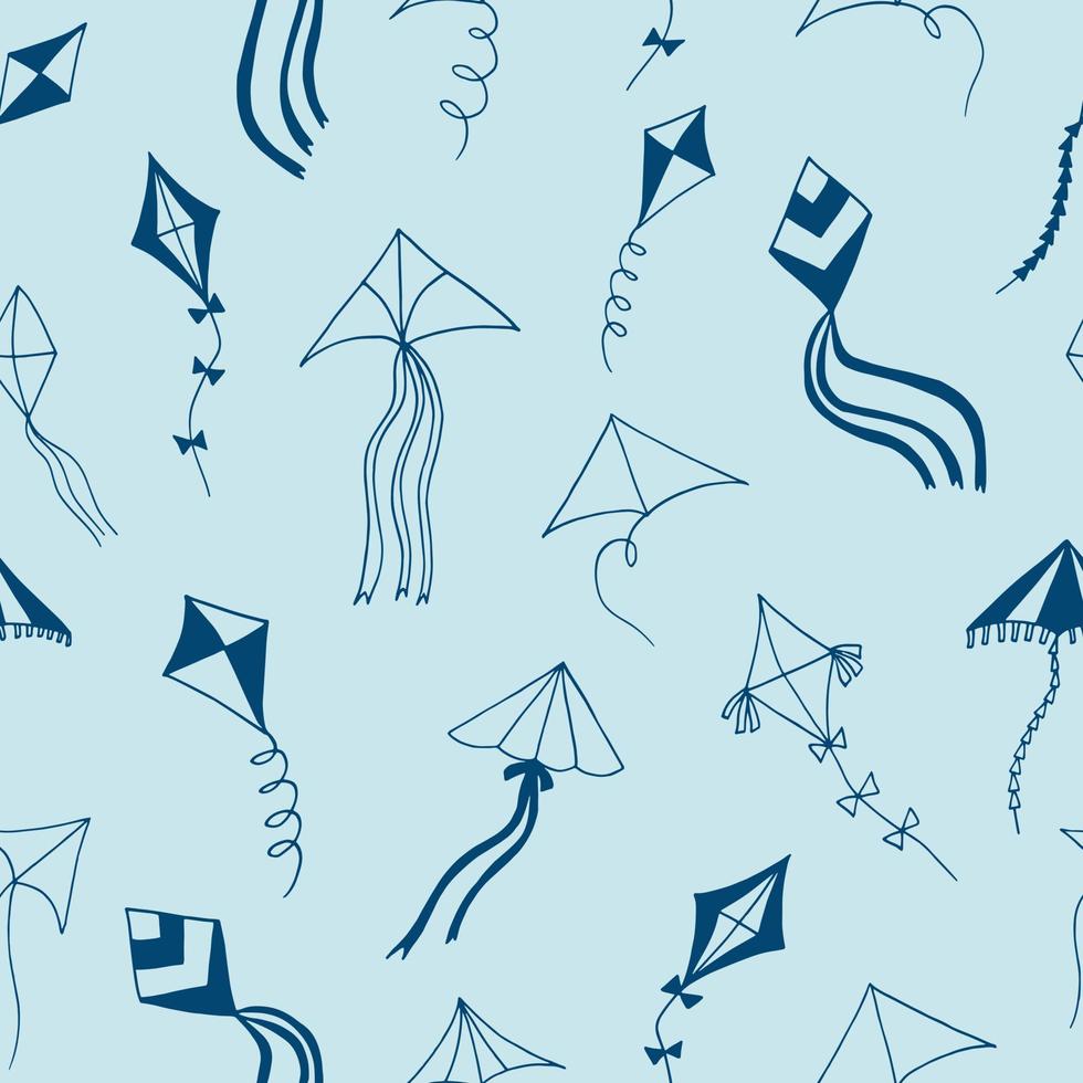doodle desenhado de mão padrão sem emenda de pipas. , minimalismo, escandinavo, monocromático, cores da moda 2022 brinquedo, céu, vento, fita voadora cauda papel de parede fundo têxtil papel de embrulho vetor