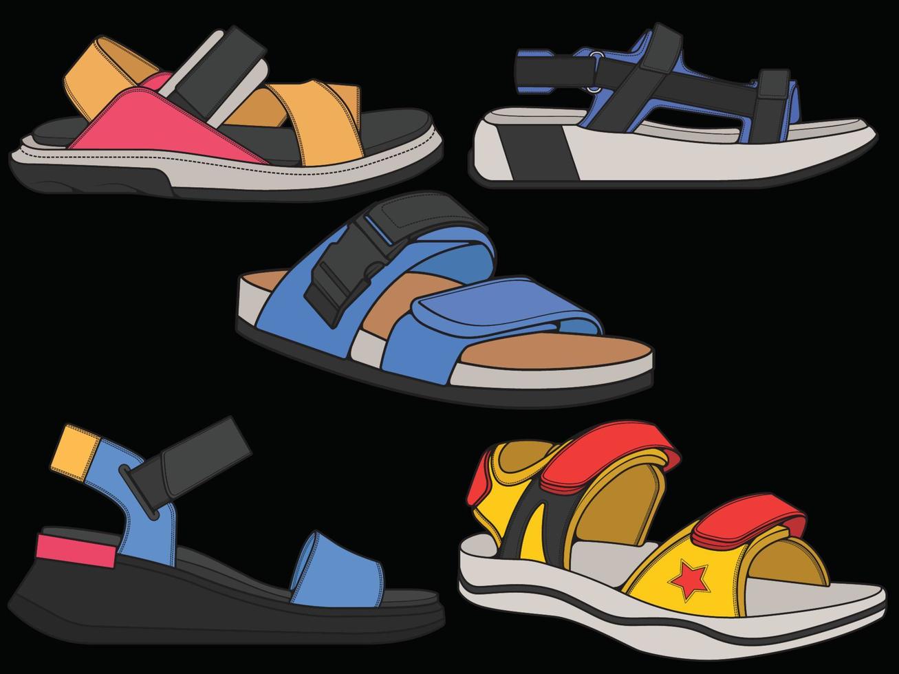 moda sandália vector conjunto ilustração com fundo preto. sapato conjunto de verão dos desenhos animados de sandália. calçado de verão dos desenhos animados conjunto isolado.