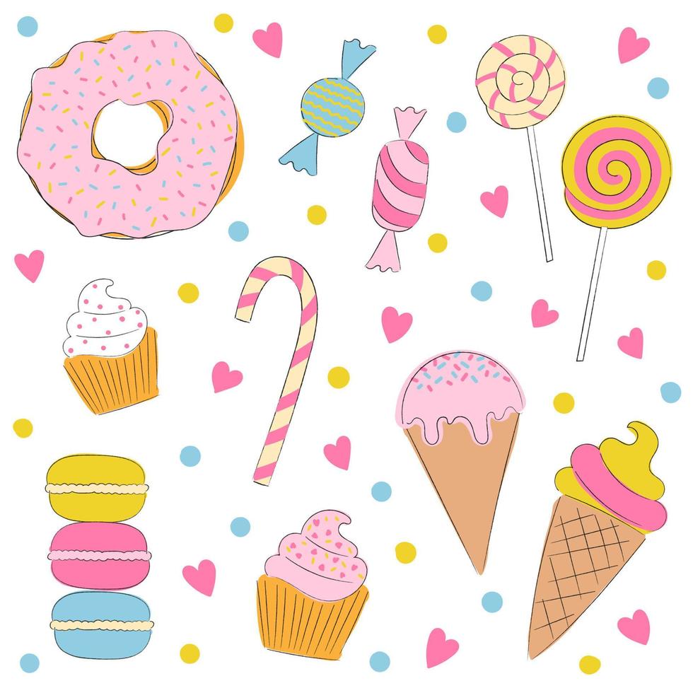 definir doces isolados no fundo branco. sorvete, pirulito, donut, macaroon, cupcake e doces. modelo para confeitaria, loja de doces, banner doce e pôster vetor