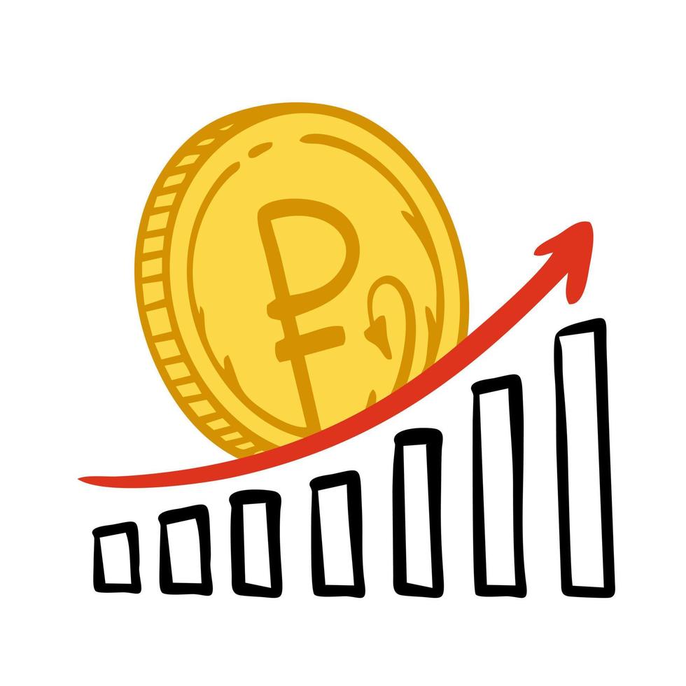 o gráfico de crescimento e queda do rublo russo. moeda russa em um fundo branco. ilustração em vetor de um doodle.