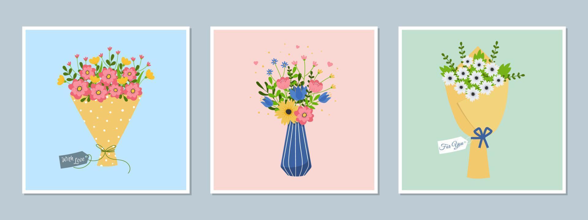 conjunto de cartões com buquês de flores. composições de florista para celebração do feriado. modelo de cartão de saudação, convite, adesivos, cartão postal, pôster, impressão vetor