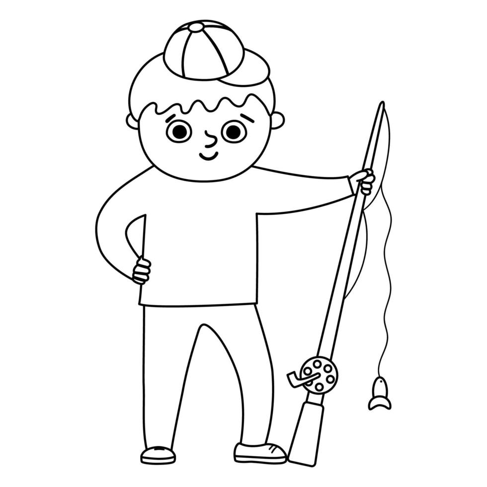 lindo menino preto e branco em pé com haste. criança feliz pronta para pescar. ilustração vetorial de acampamento de verão. personagem de acampamento de contorno. ícone da linha turística de viagens na floresta. ótimo para banners vetor