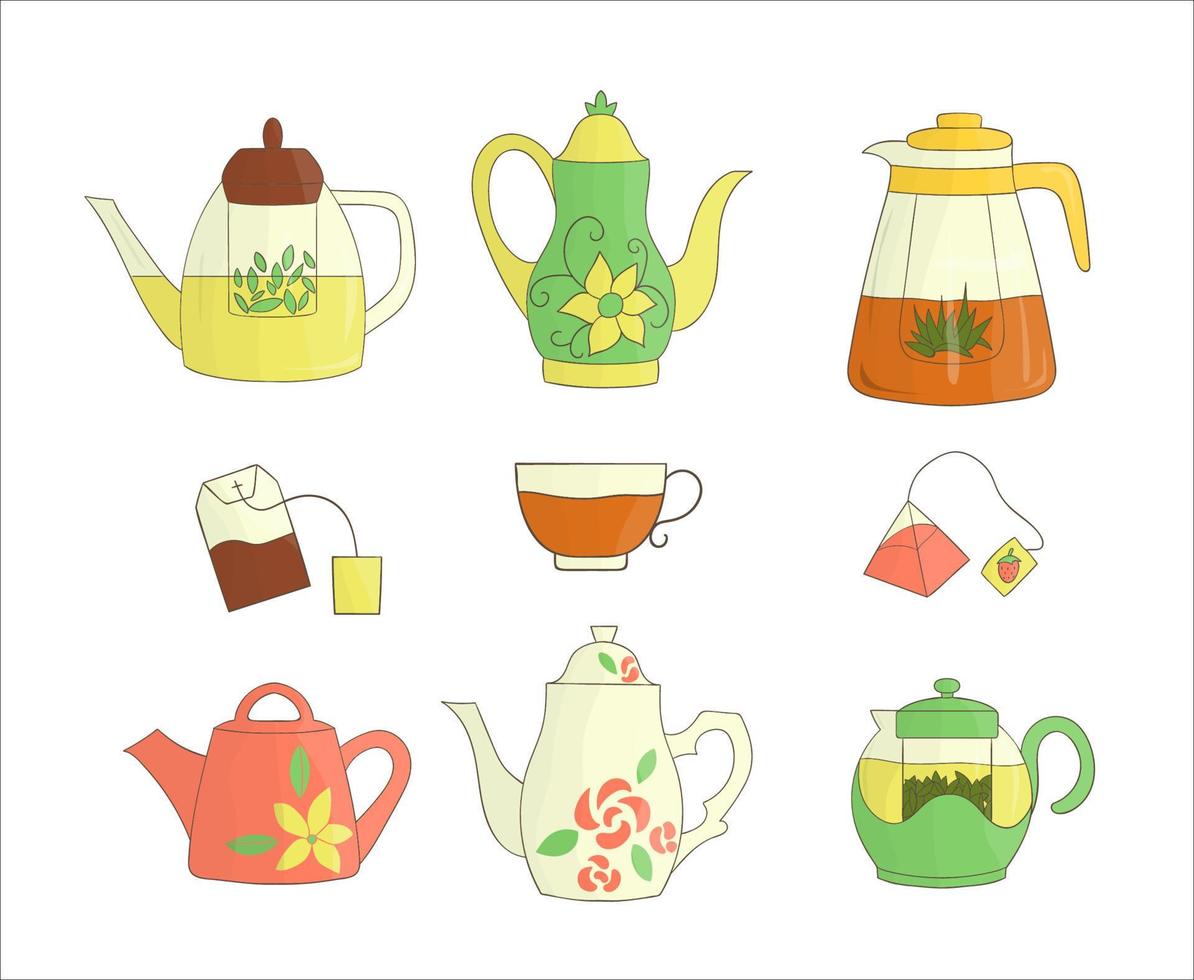 conjunto de ícones de bule. ilustração em vetor bule de chá brilhante. chaleiras coloridas isoladas no fundo branco. coleção de equipamentos de cozinha estilo doodle