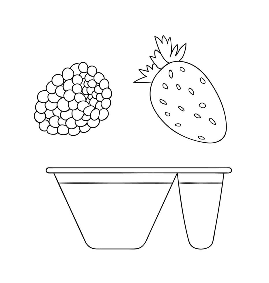 ícone de pacote de iogurte de linha vetorial com frutas e bagas. mão desenhada produto lácteo fresco orgânico isolado no fundo branco. ilustração de comida natural. design de embalagem de iogurte preto e branco. vetor