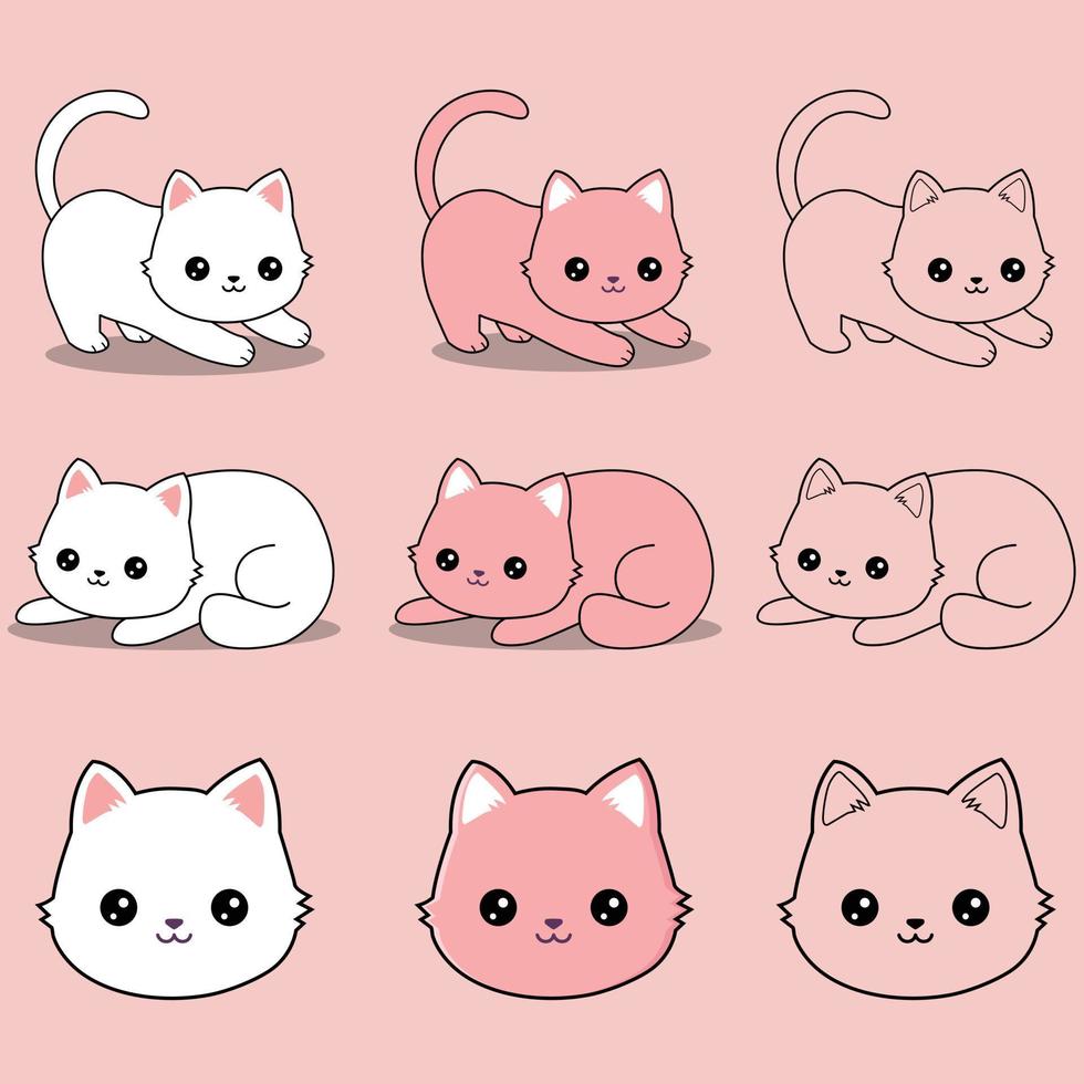 conjunto de ilustração vetorial de ícones plana de gatos desenhando contorno para páginas para colorir vetor