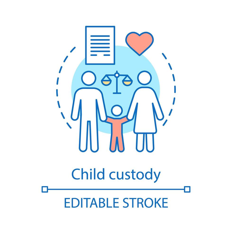 ícone do conceito de custódia da criança. ilustração de linha fina de ideia de co-parentalidade. adoção. acordo de separação, contrato. lei de família. pais se divorciam. creche. desenho de contorno isolado de vetor. traço editável vetor