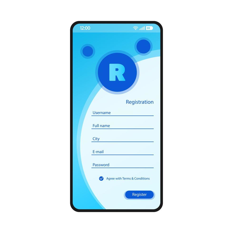 registre o modelo de vetor de interface de smartphone de formulário. layout de design azul da página do aplicativo móvel. tela de cadastro de campos obrigatórios. interface do usuário plana para aplicação. Registo de novo utilizador. Criar Conta. visor do telefone