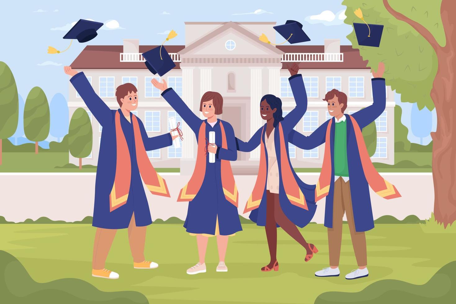 estudantes de graduação felizes na ilustração vetorial de cor plana da universidade vetor