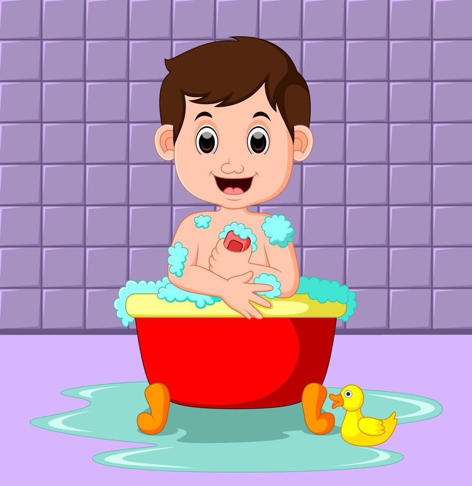 menino sentado em uma banheira cheia de bolhas em um banheiro vetor