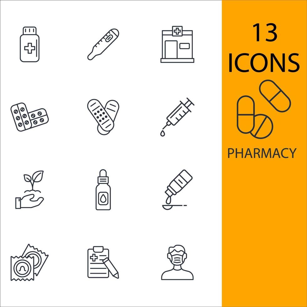 conjunto de ícones de farmácia. elementos do vetor de símbolo de pacote de farmácia para web infográfico