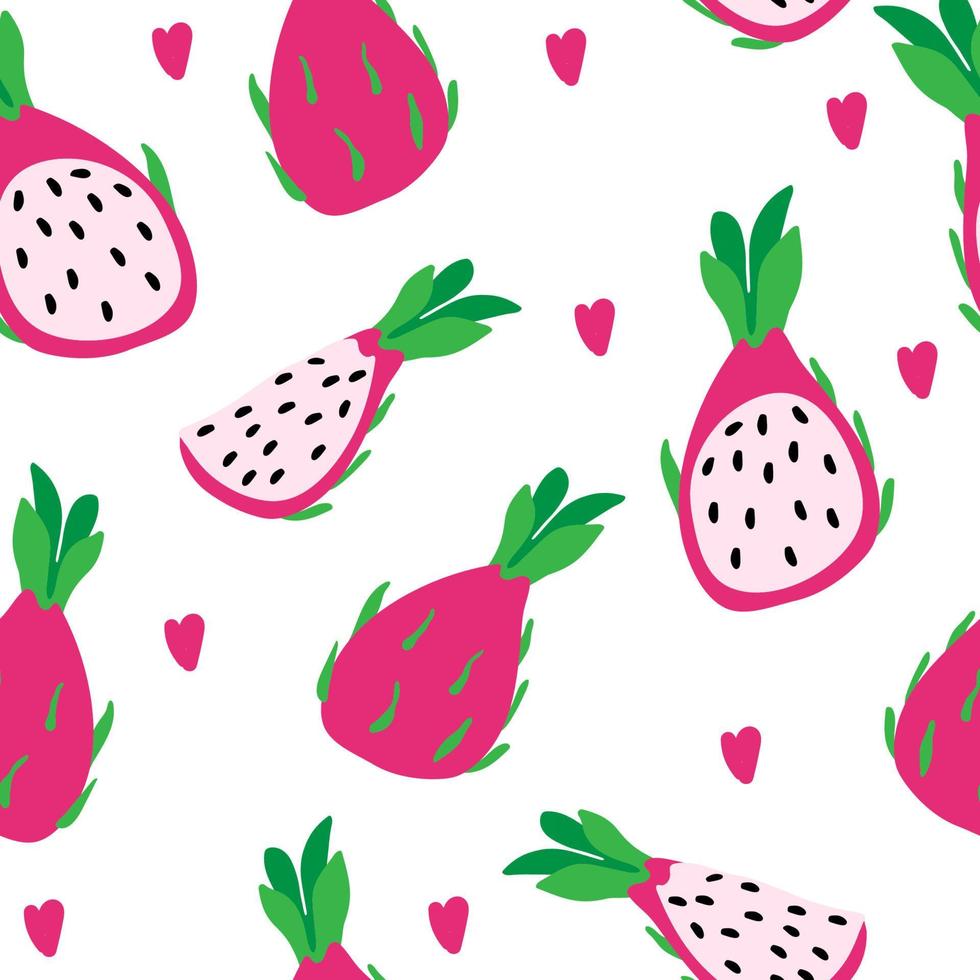 sem costura padrão de pitaya e corações abstratos, ilustração vetorial de verão em estilo cartoon. pitaya inteira, metade e quarto. padrão de verão brilhante vetor