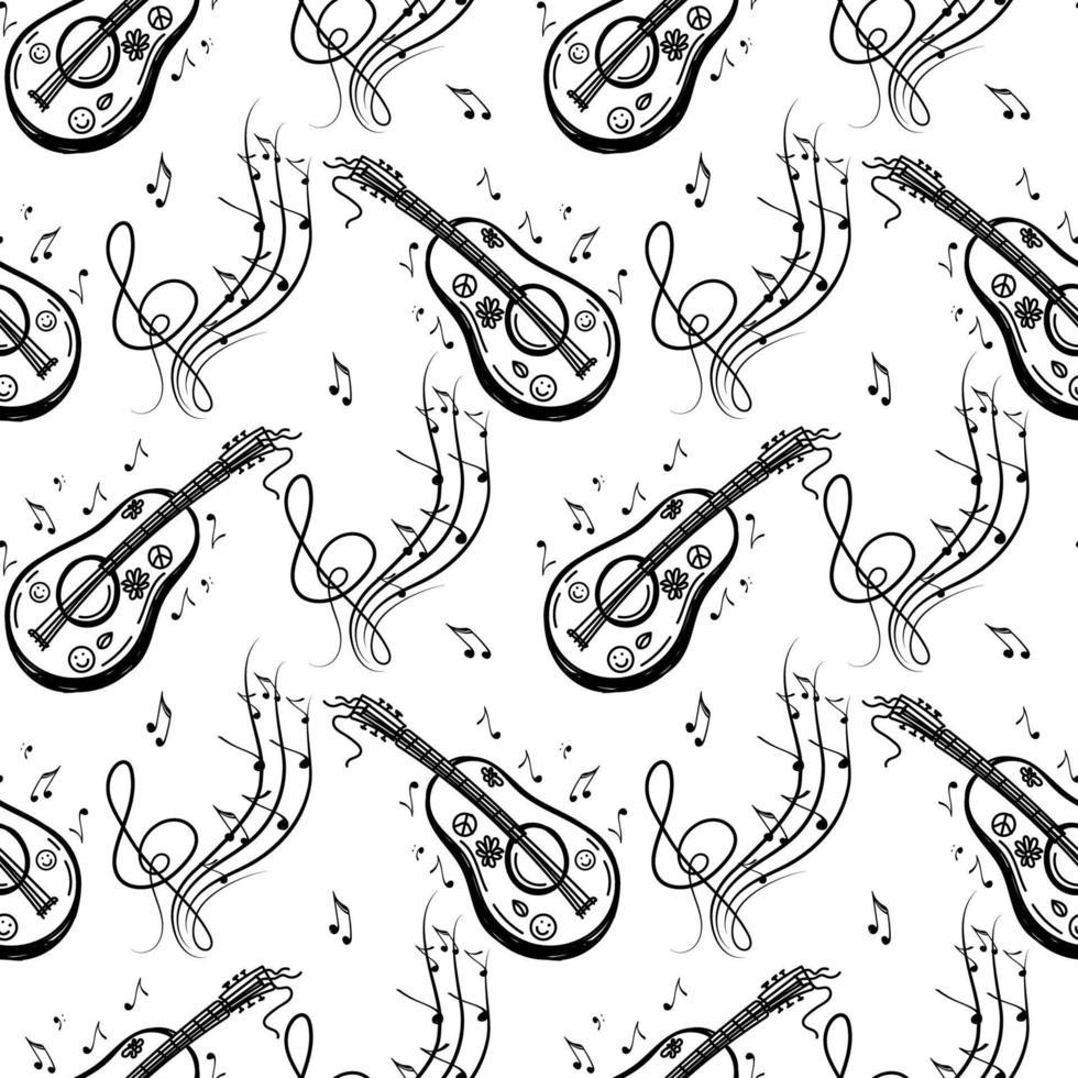 um padrão perfeito de símbolos musicais, guitarra, ukulele, notas, teclas de violino. elementos de estilo doodle desenhados à mão. ilustração vetorial vetor