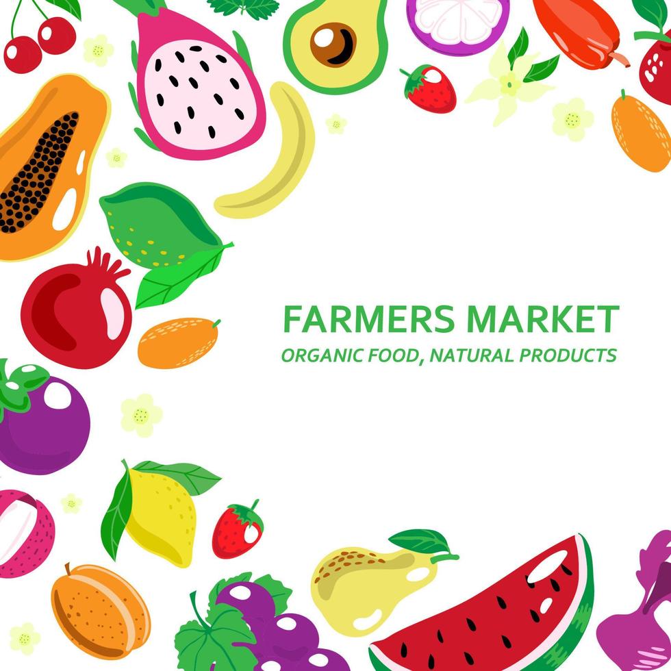 banner para a feira do agricultor. legumes e frutas exóticas com letras e espaço para texto. desenhado à mão em um estilo simples vetor