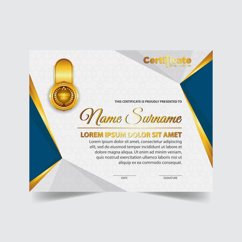 certificado de modelo de prêmio, cor dourada e gradiente. contém um certificado moderno com um distintivo de ouro vetor