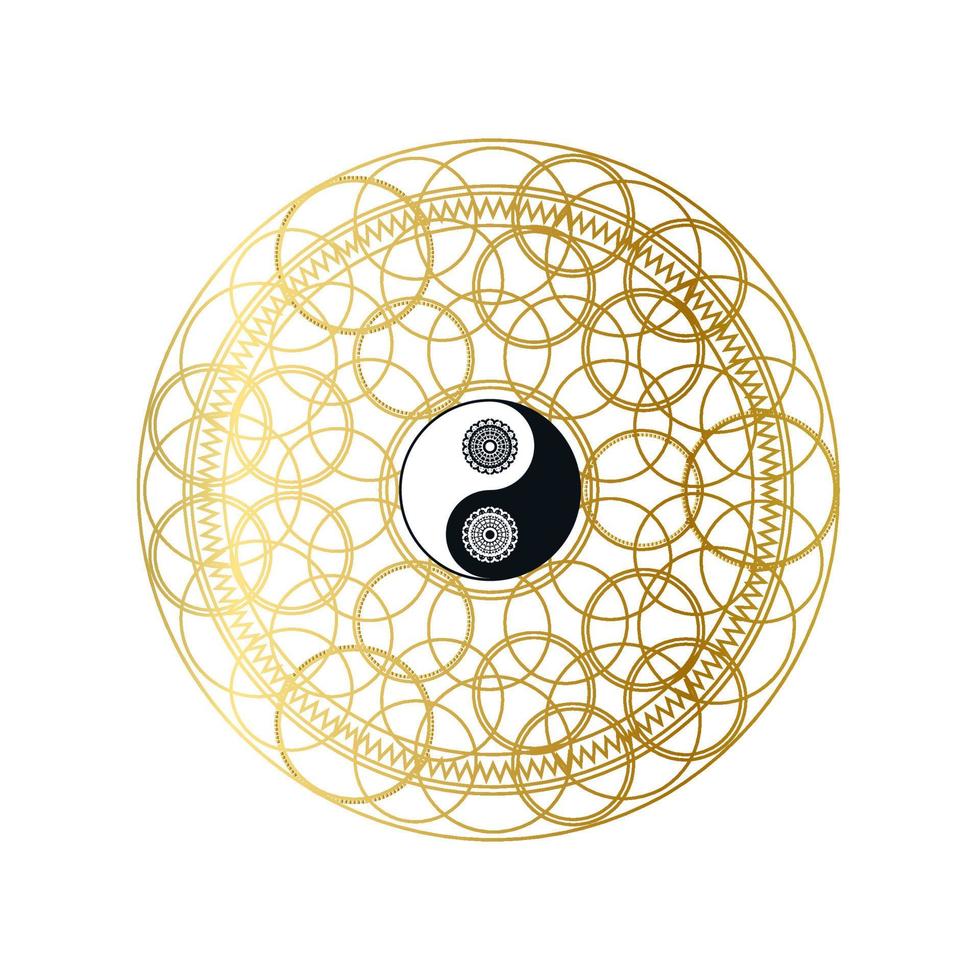 mandala dourada brilhante com sinal de yin yang isolado vetor