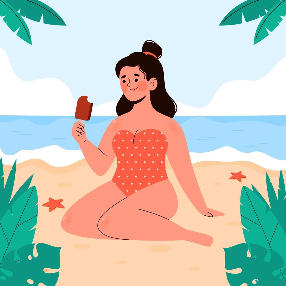 mulher de maiô tomando sol na praia e comendo sorvete vetor