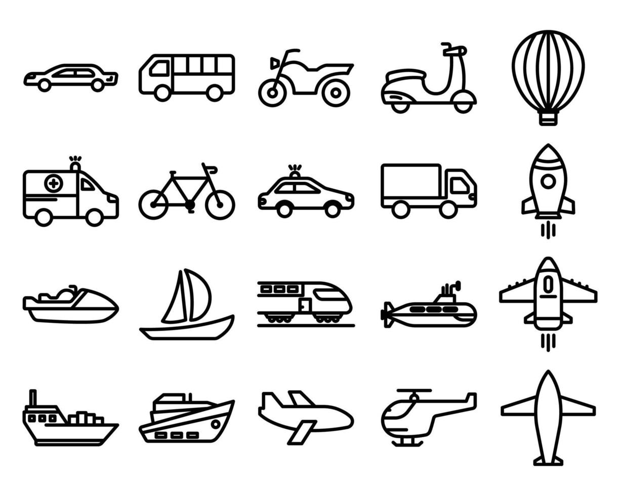 vetor de ícone de conjunto de transporte. estilo de ícone de linha. ilustração de design simples editável