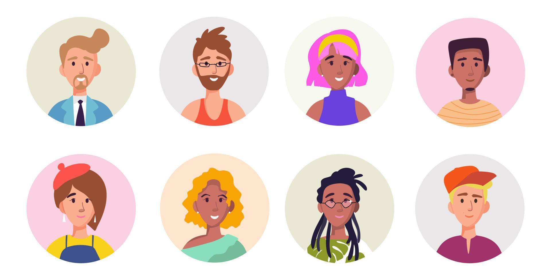 conjunto de vetores de avatar de pessoas diferentes. retrato de pessoas de diversidade de estilo simples desenhado à mão. homens e mulheres jovens, rostos masculinos e femininos