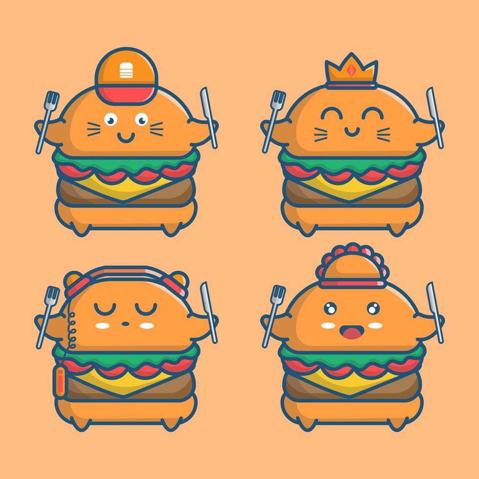 conjunto de ilustração de personagens de hambúrguer fofo vetor