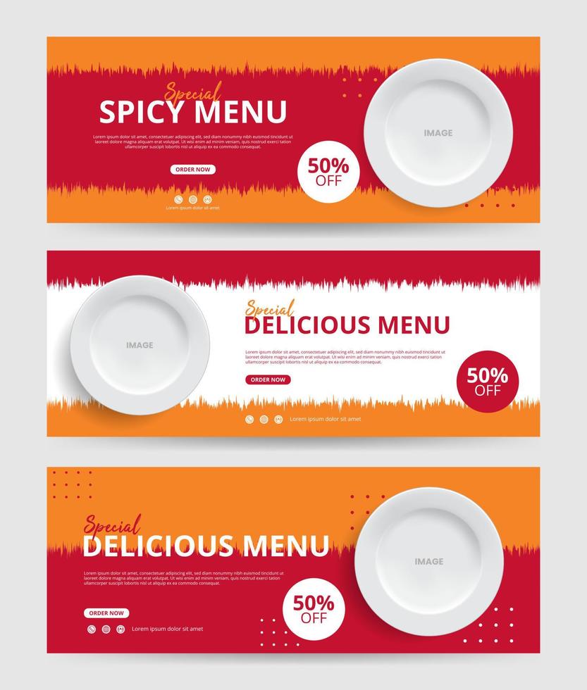 modelo de banner web de comida e restaurante, adequado para mídia social de comida, fundo laranja vermelho vetor
