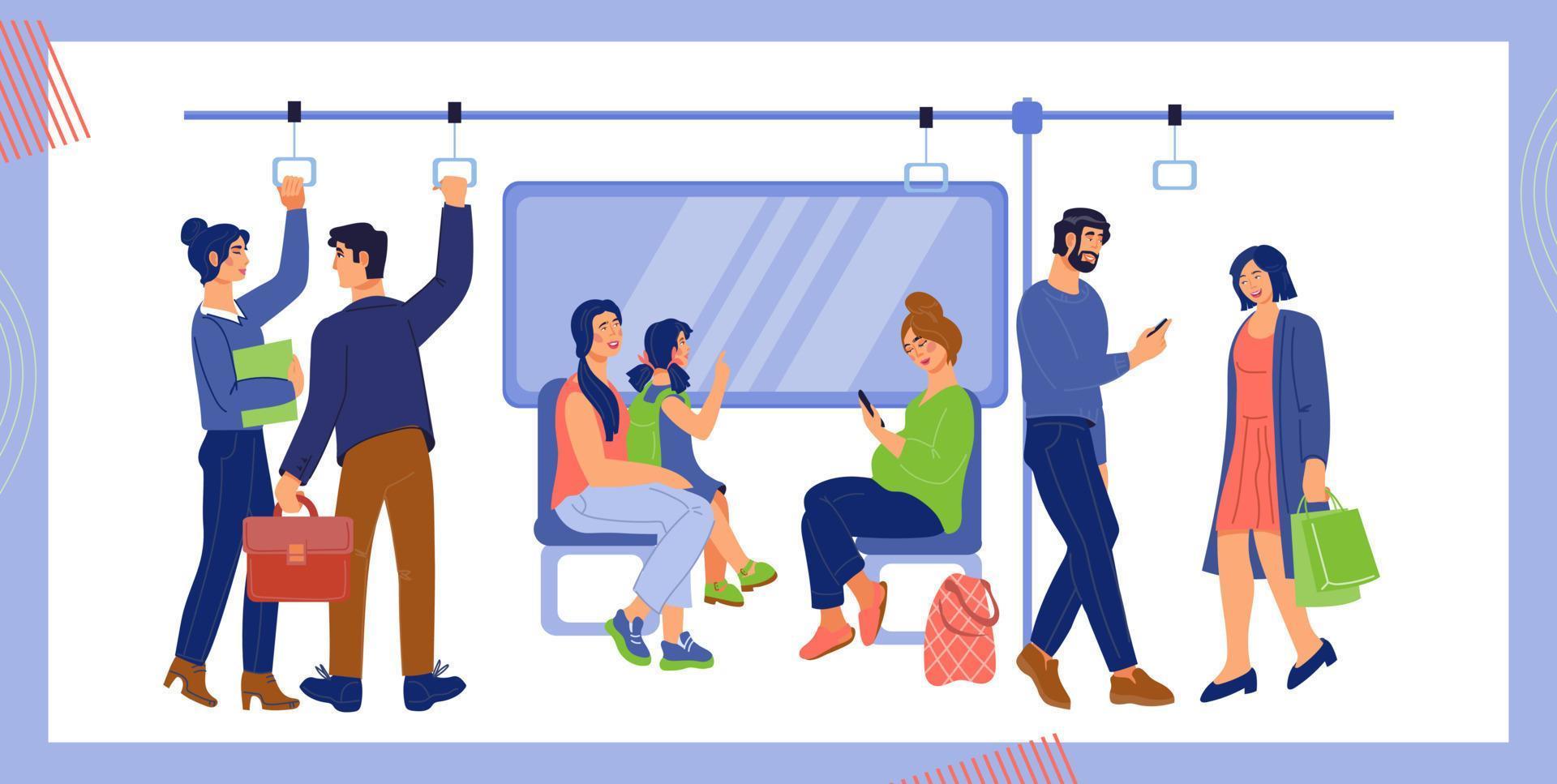 interior do vagão de metrô ou metrô com personagens de desenhos animados de passageiros pendulares. pessoas no transporte ferroviário urbano. veículo e transporte da cidade. ilustração vetorial plana isolada. vetor