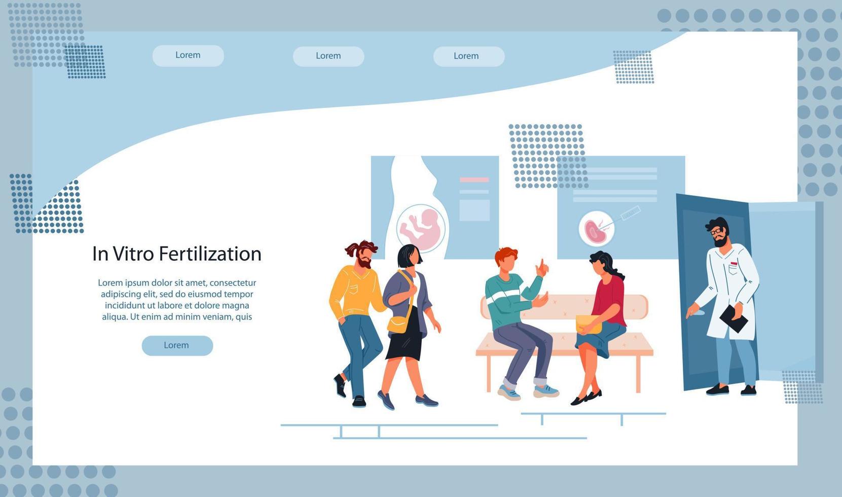 modelo de banner web para centro reprodutivo familiar ou clínica, ilustração vetorial plana isolada. página de destino ou consulta médica sobre parto, fertilização in vitro e infertilidade. vetor
