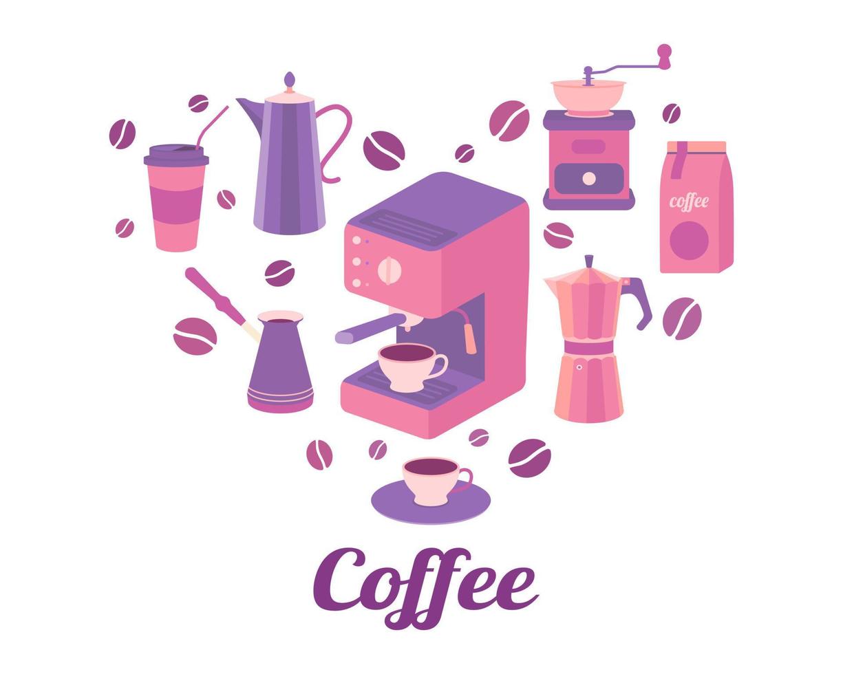 conjunto de café em forma de coração. moedor de café, cafeteira gêiser, cafeteira, grãos e xícaras. imagem vetorial em fundo branco vetor