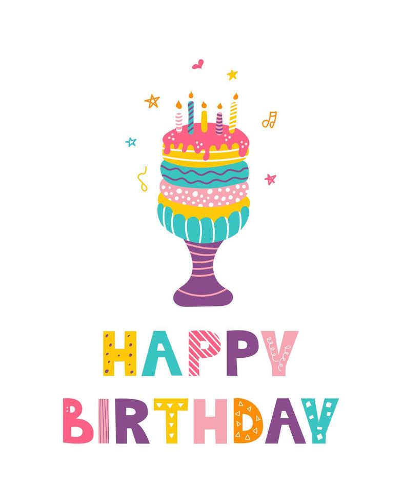 cartão de feliz aniversário, bolo colorido com inscrição de estilo doodle em fundo branco vetor