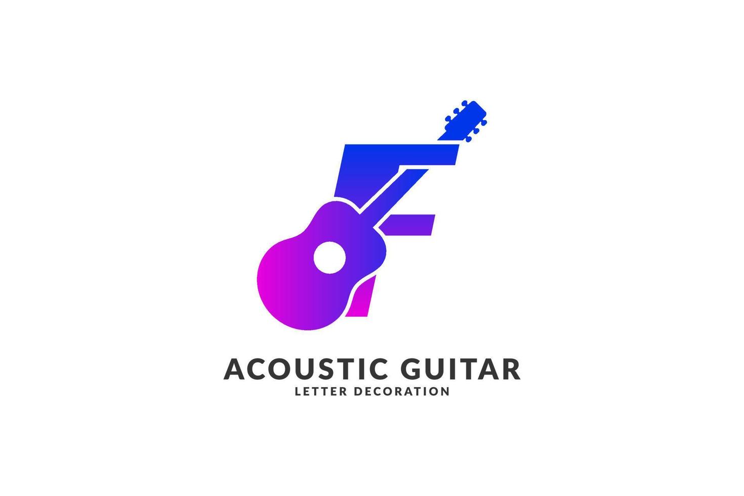 letra isolada f decoração de guitarra acústica na moda vetor de cores para logotipo de identidade de músico e elemento de título de festival ou concerto