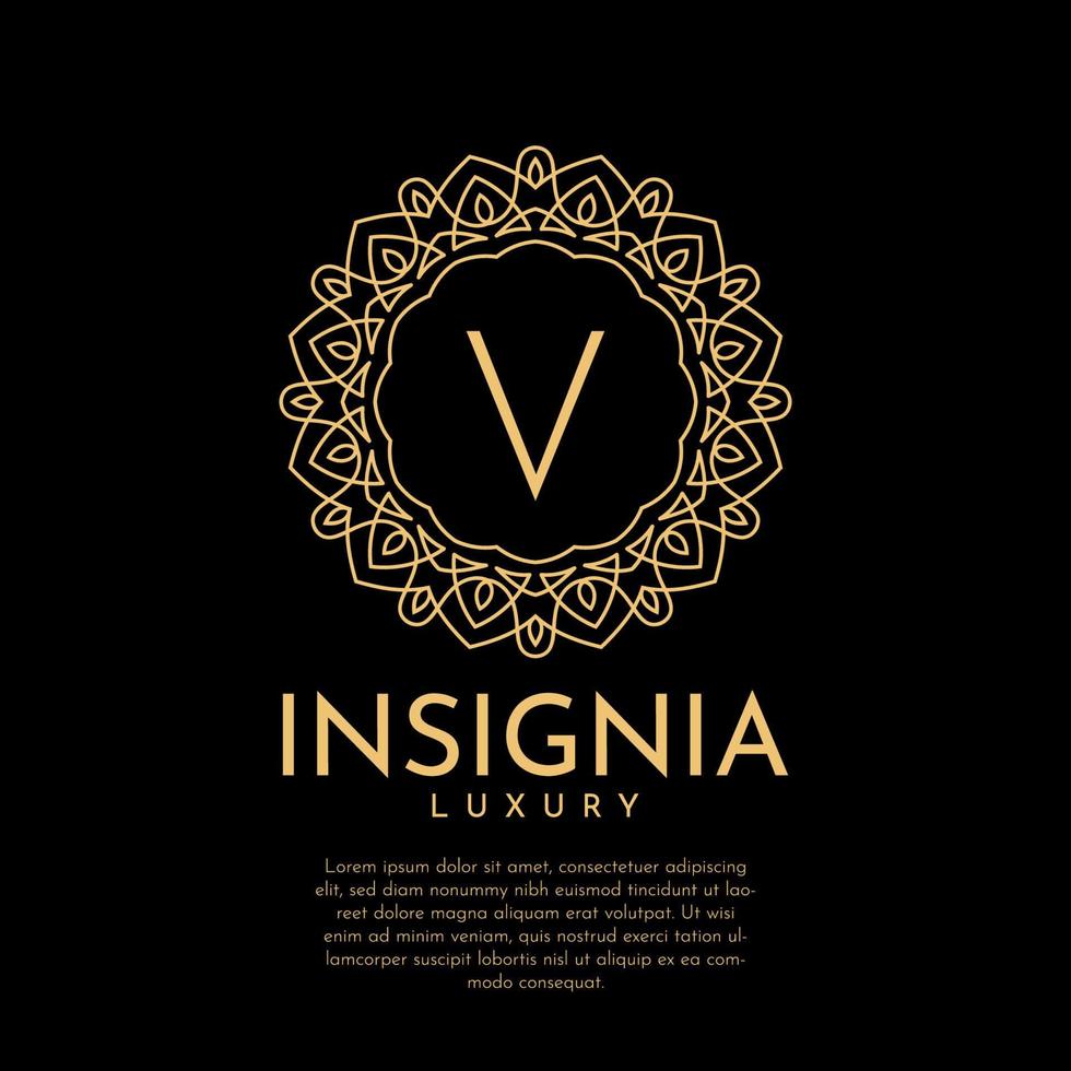 letra v design de logotipo de vetor de renda decorativa de círculo de insígnias luxuosas