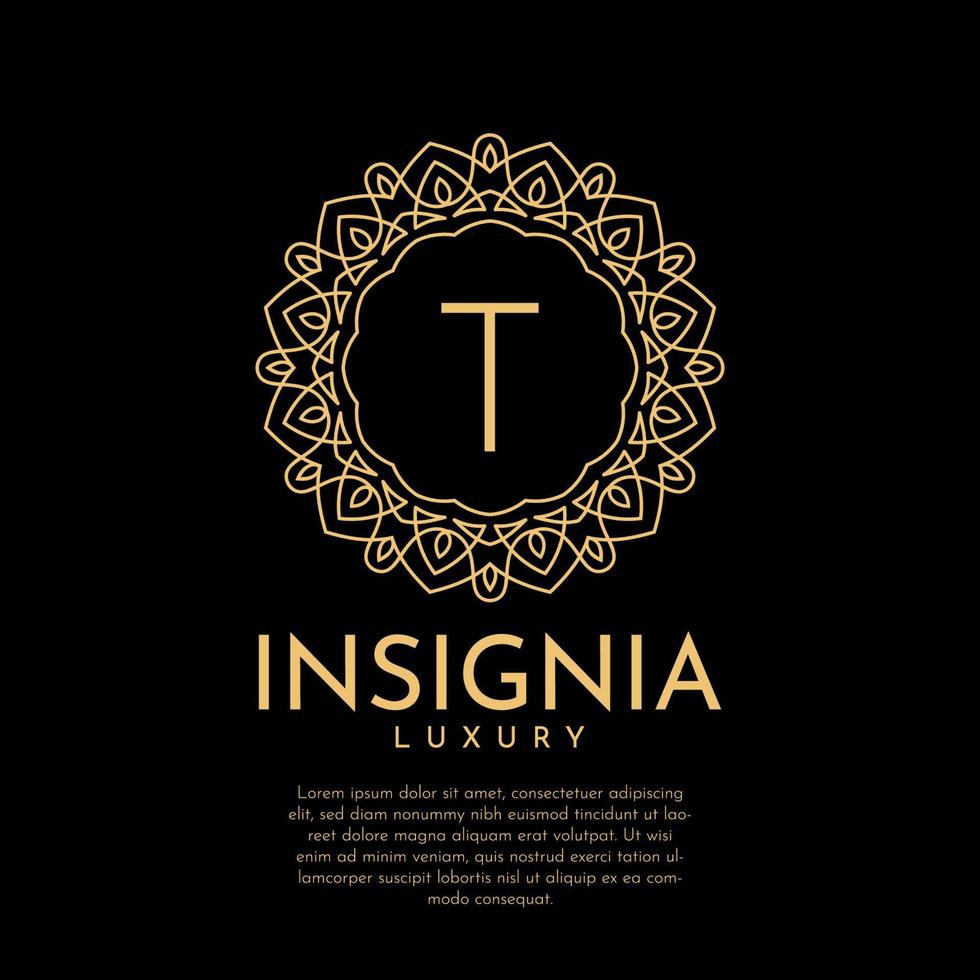 letra t design de logotipo de vetor de renda decorativa de círculo de insígnias luxuosas