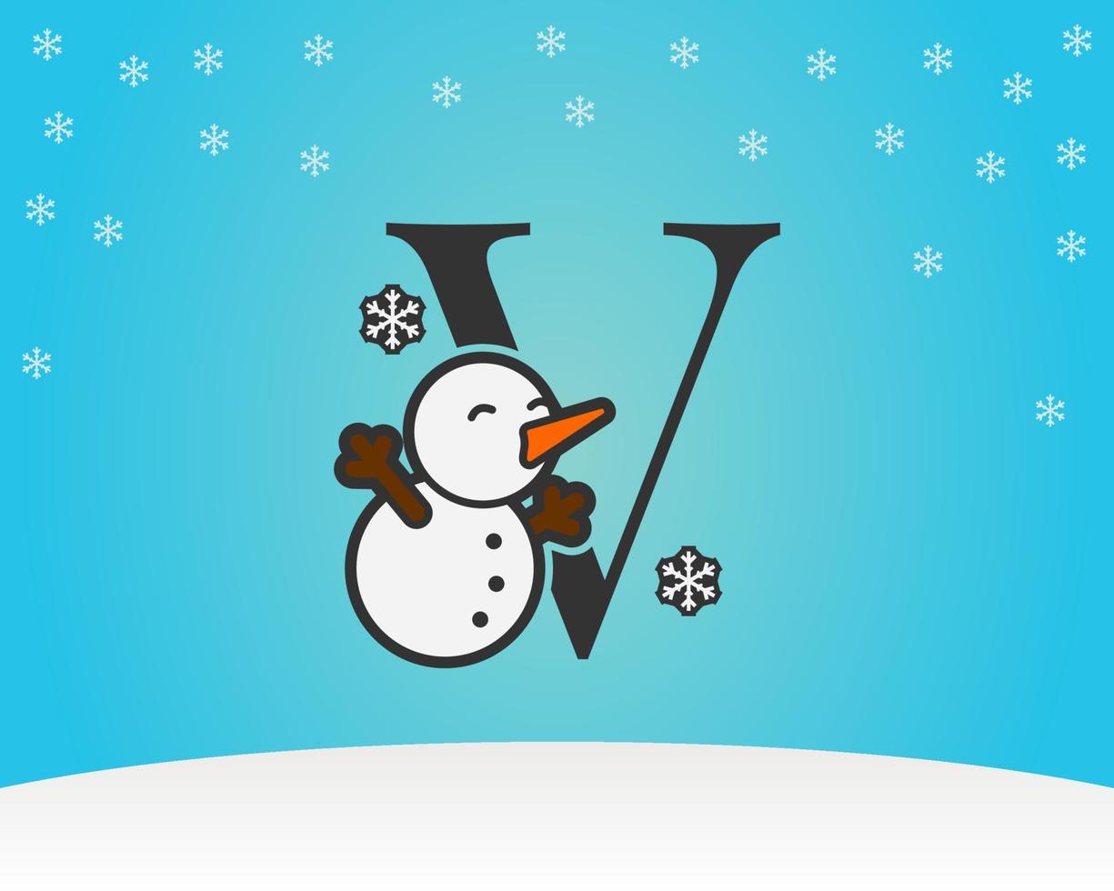 divertida e fofa carta v decoração de homem de neve com fundo de inverno de flocos de neve vetor