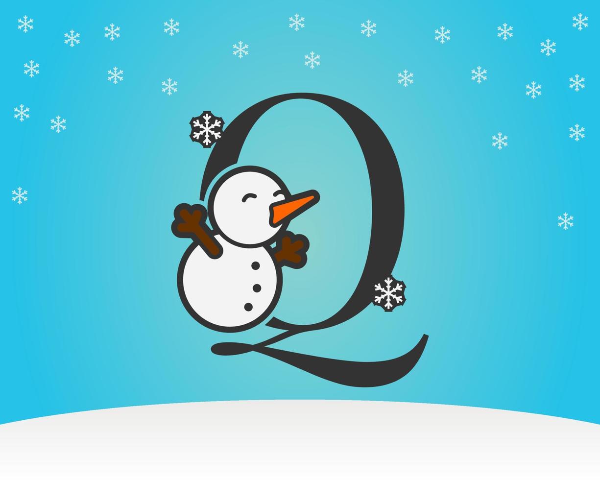 divertida e fofa letra q decoração de homem de neve com fundo de inverno de flocos de neve vetor