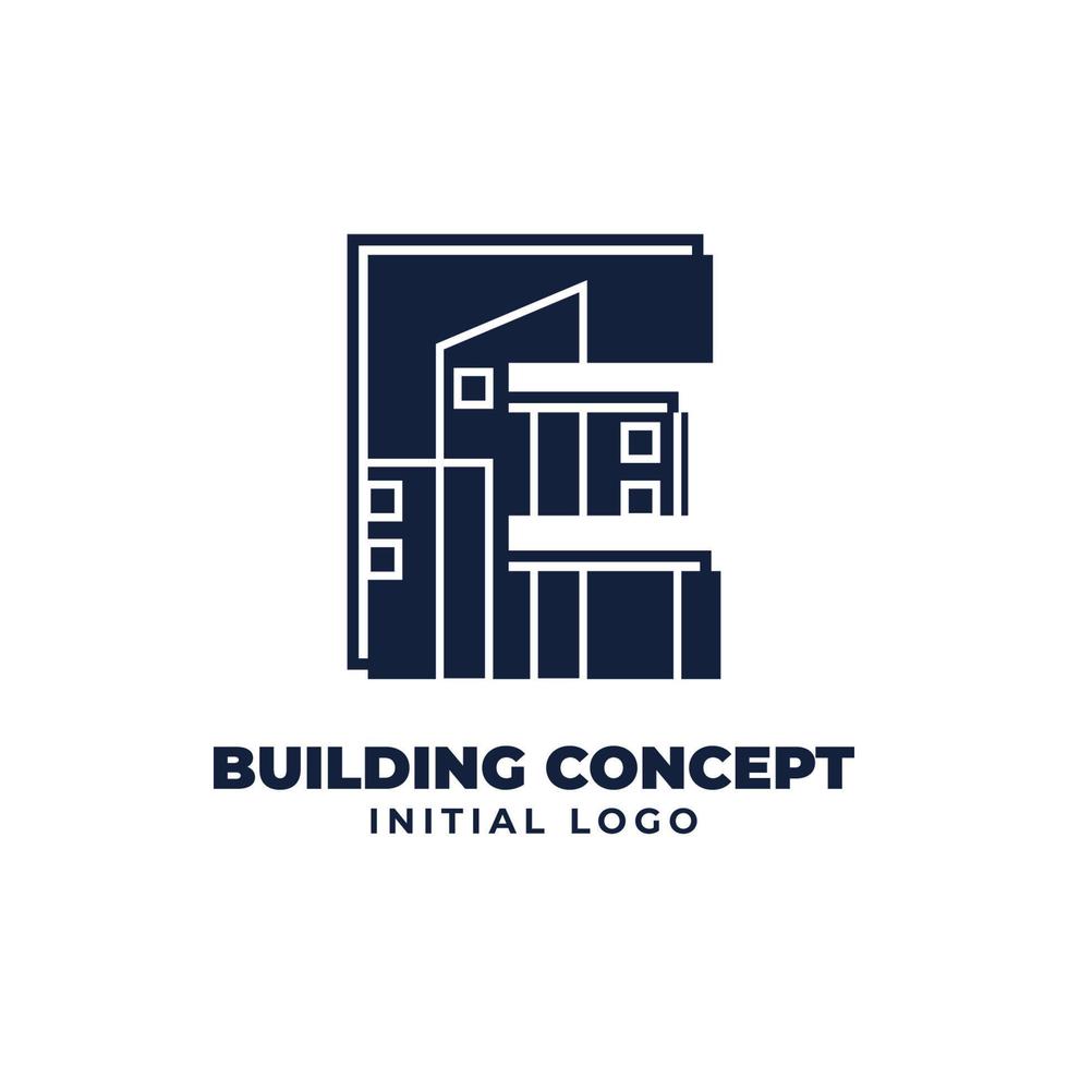 letra e com design de logotipo de vetor inicial de objeto de construção adequado para negócios imobiliários e imobiliários