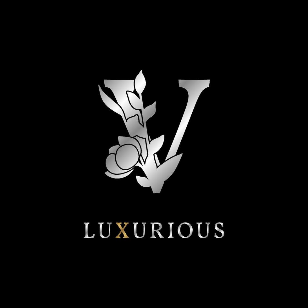 letra v decoração de folhas de flores para casamento, logotipo de cuidados de beleza, identidade de marca pessoal, maquiador ou qualquer outra marca e empresa real. amostra de cor dourada e prata luxuosa em texto fictício vetor