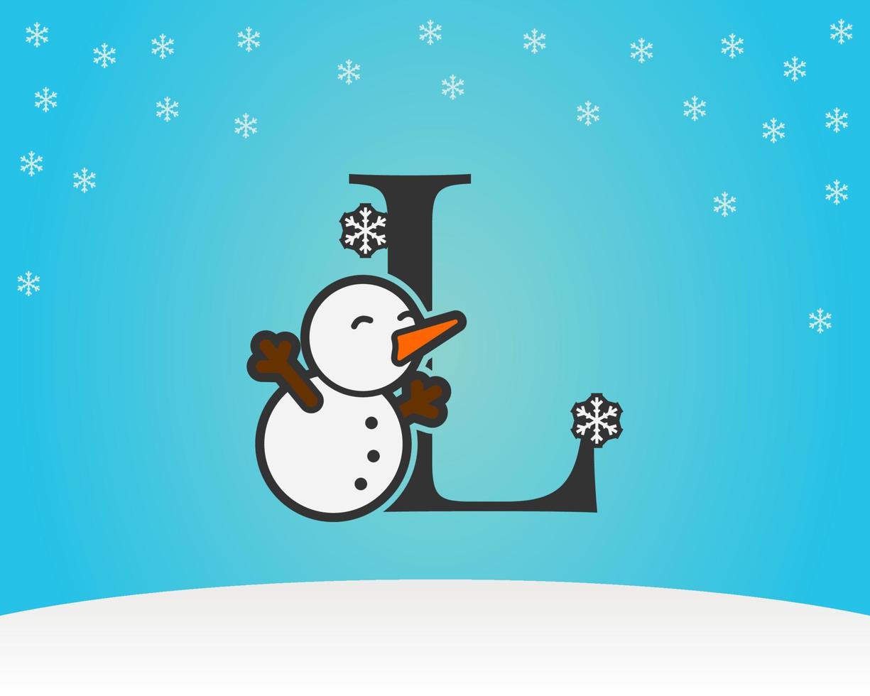 divertida e fofa letra l decoração de homem de neve com fundo de inverno de flocos de neve vetor
