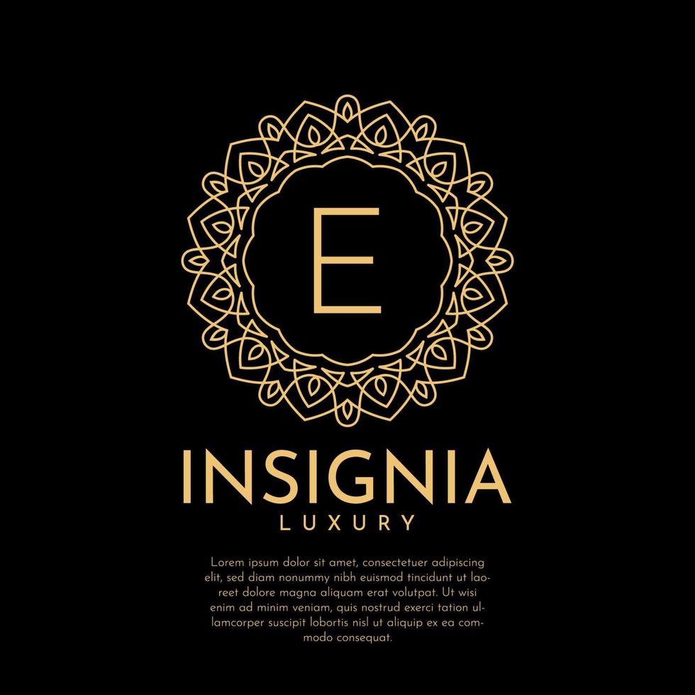 letra e design de logotipo de vetor de renda decorativa de círculo de insígnias luxuosas