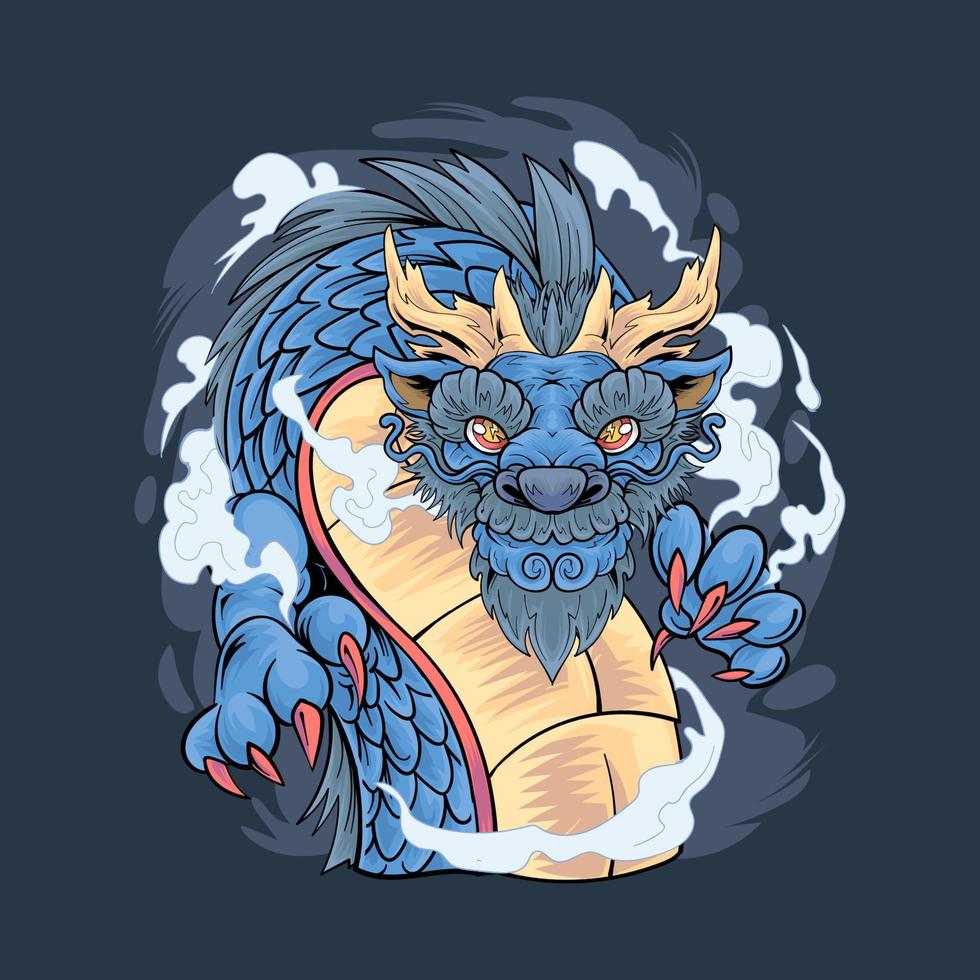 cabeça de dragão chinês azul com vetor premium de ilustração de ornamento