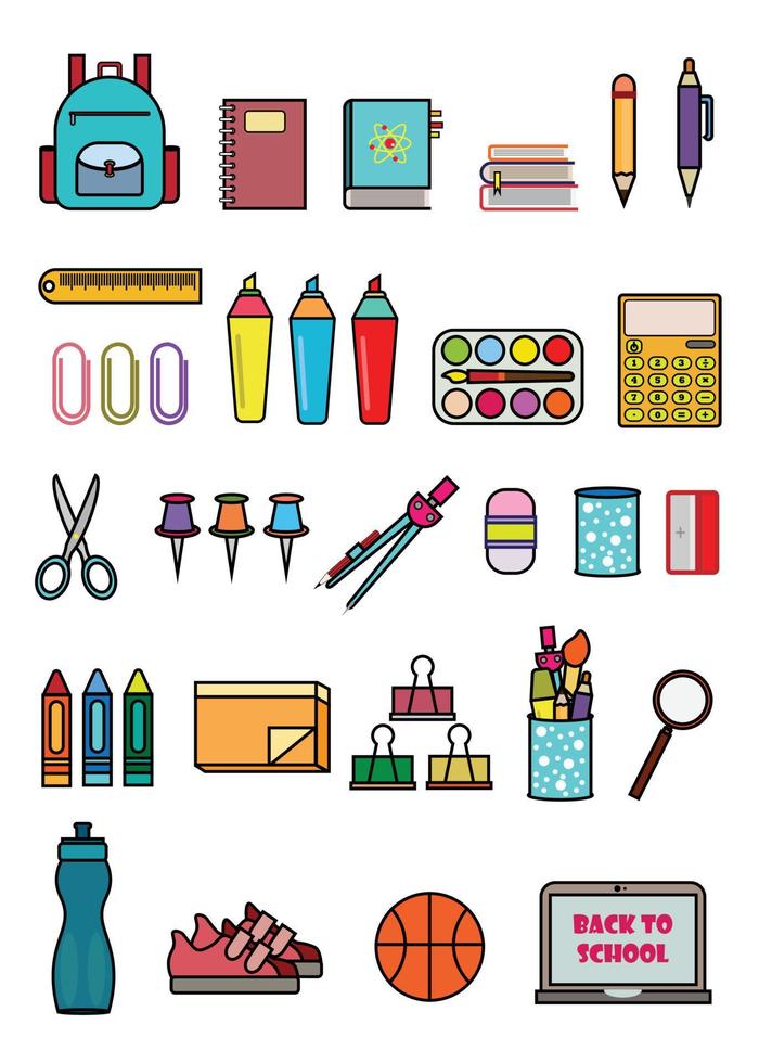conjunto de material escolar. itens coloridos para educação. ilustração em vetor ícone.