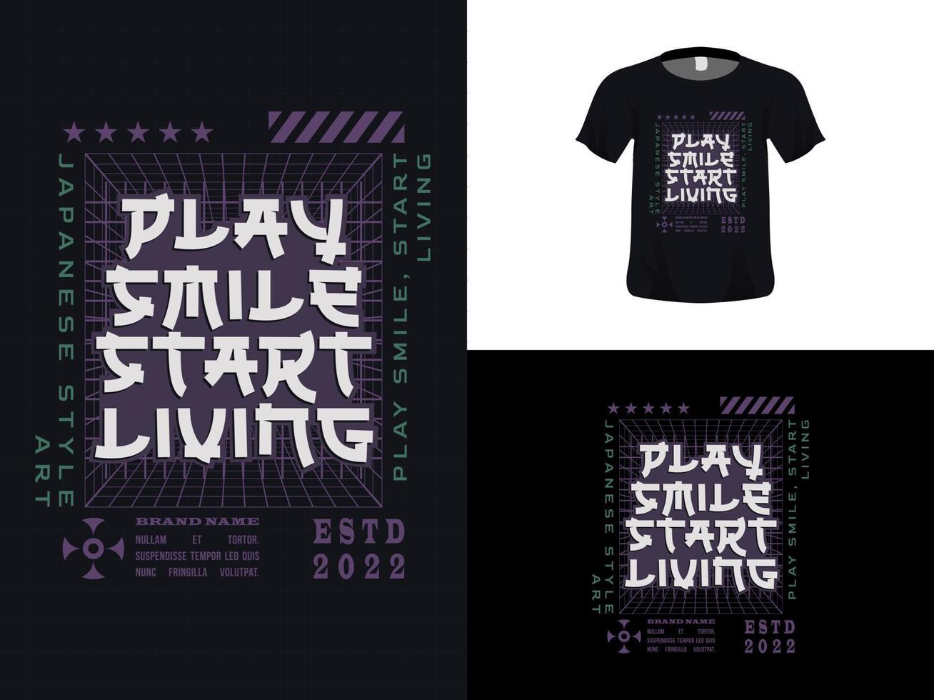 design de citação de tipografia de camiseta, jogue sorriso comece a viver para impressão. modelo de pôster, vetor premium.