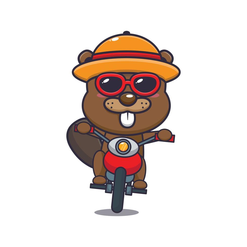 personagem de mascote de desenho animado de castor legal anda de moto em dia de verão vetor