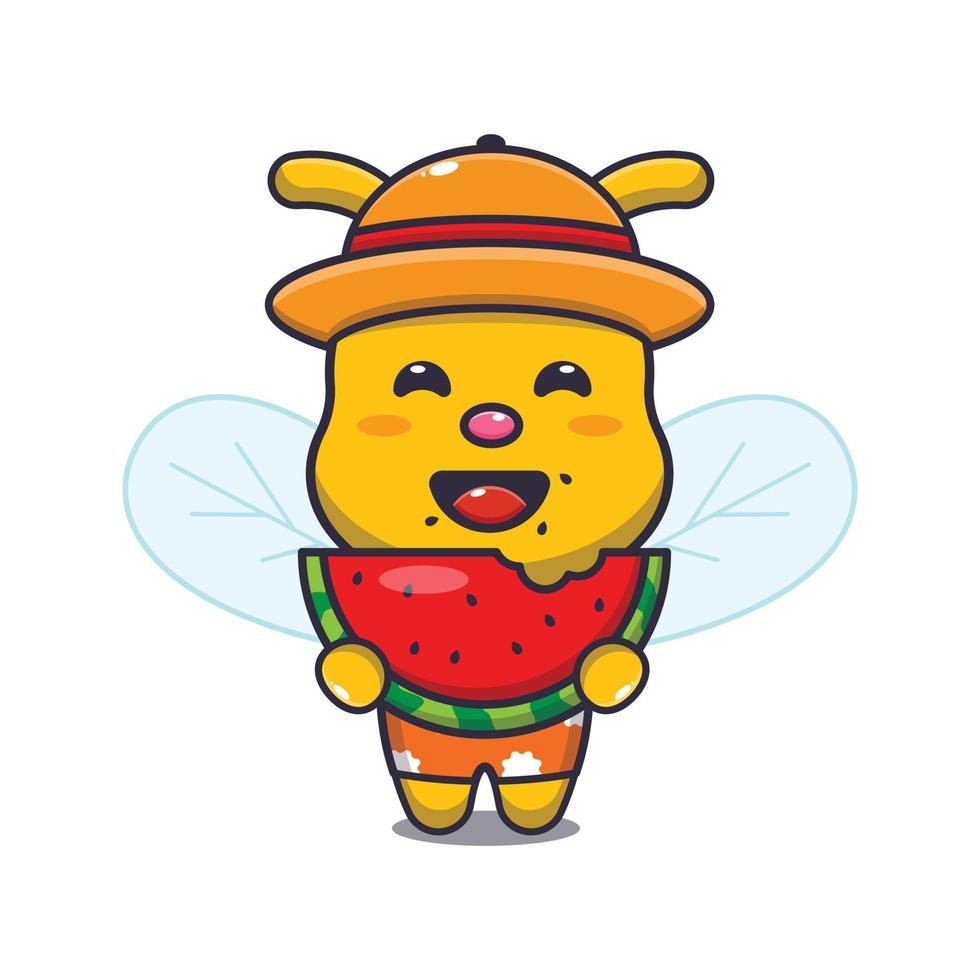 personagem de mascote de desenho animado de abelha fofa come melancia fresca vetor