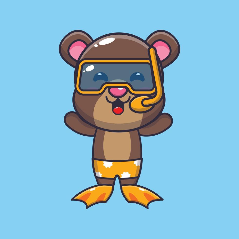 ilustração de personagem de mascote de desenho animado urso de mergulho fofo vetor