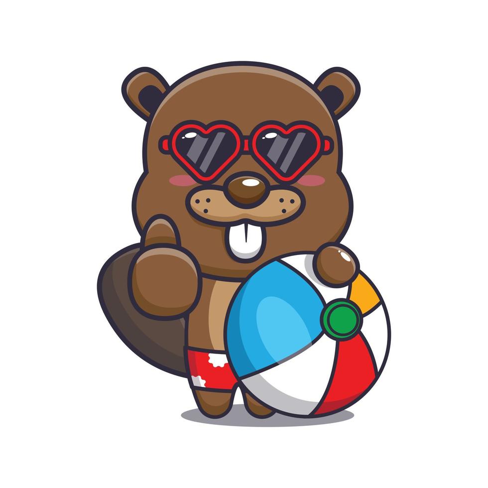 personagem de mascote de desenho animado de castor bonito com bola de praia vetor