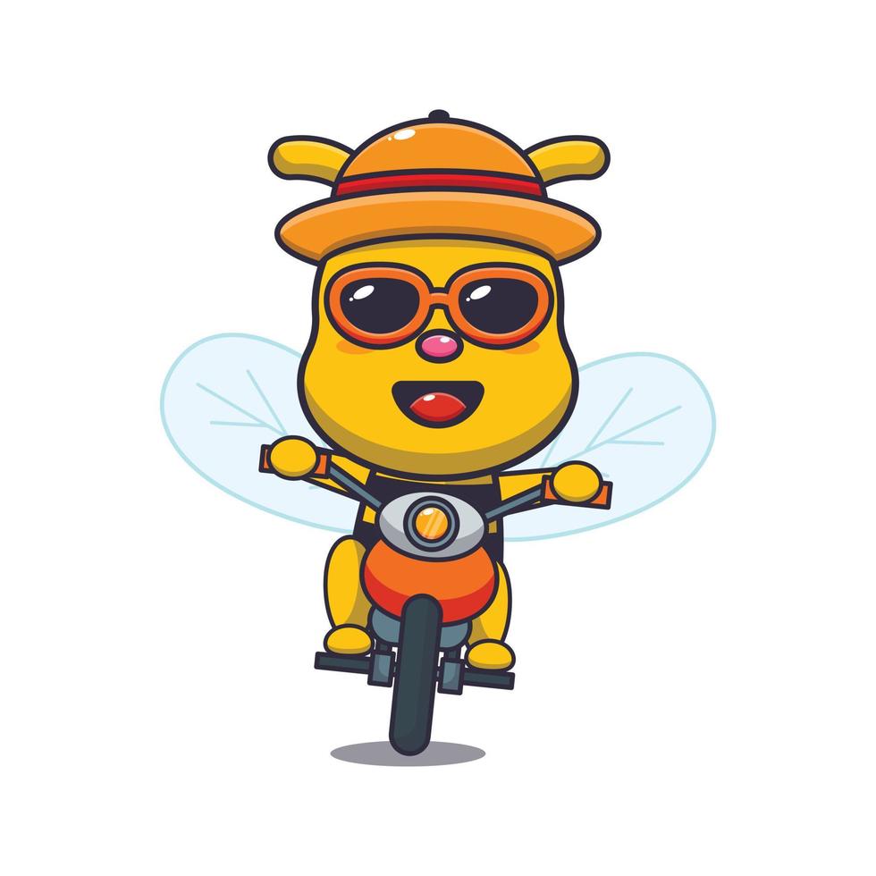 personagem de mascote de desenho animado de abelha legal passeio de moto em dia de verão vetor
